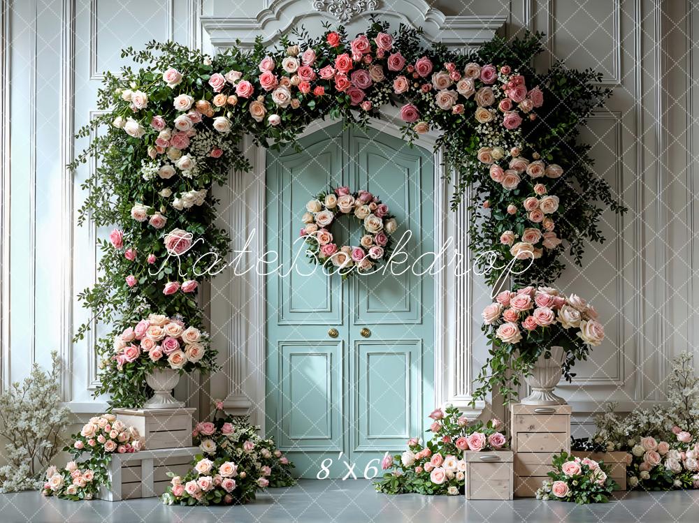 Kate Spring Flower Arch Mint Door Floral Crates Backdrop Designed by Mini MakeBelieve