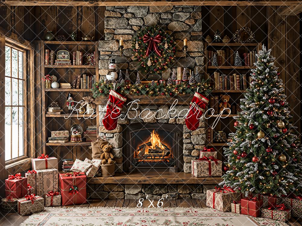 Kate Christmas Fireplace Stone Wall Bookshelves Tree Wooden Backdrop Designed by Emetselch