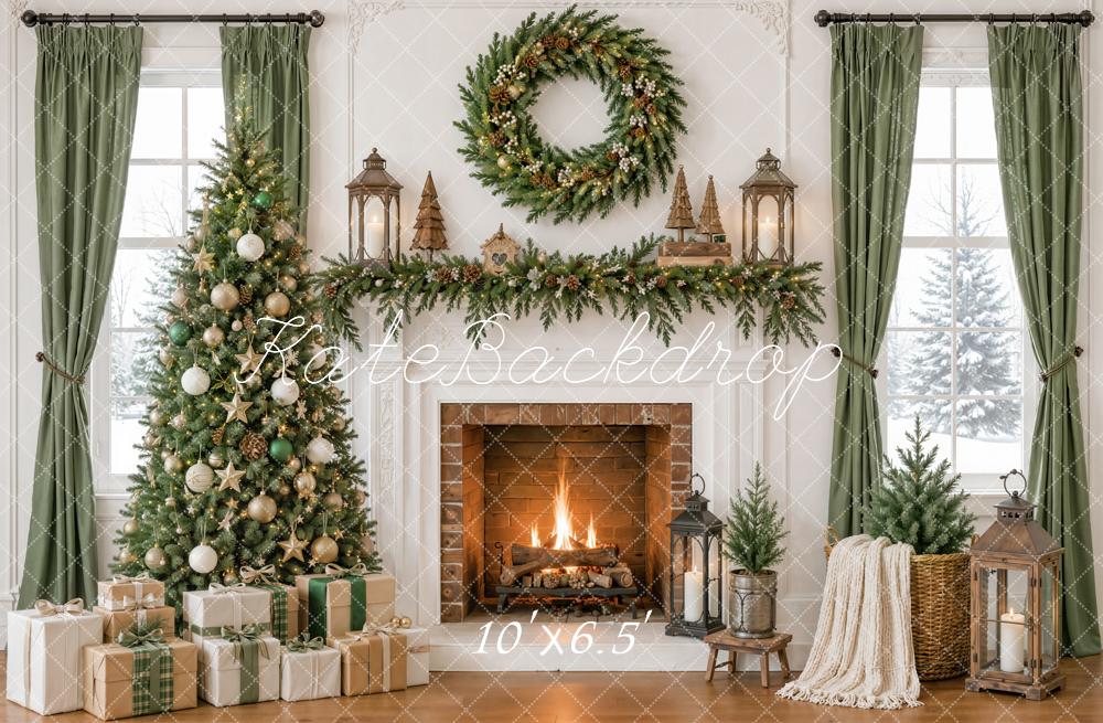 Kate Christmas Fireplace Tree Wreath Garland Lanterns Winter Window Printed Backdrop Designed by Emetselch
