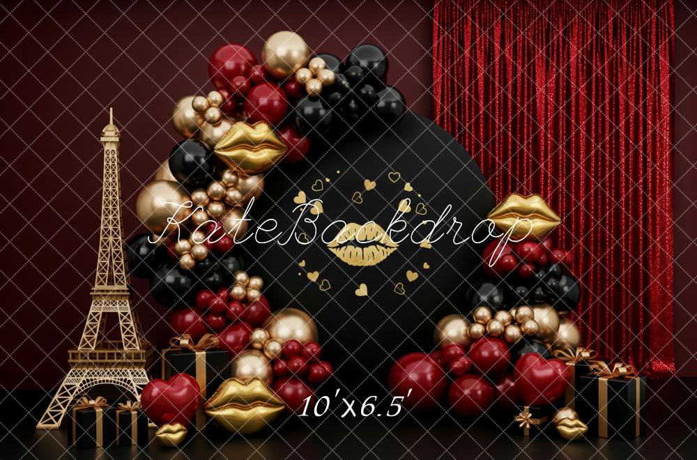 Kate Valentine's Day Eiffel Tower Lips Balloons Hearts Red Curtain Printed Backdrop Designed by Patty Roberts