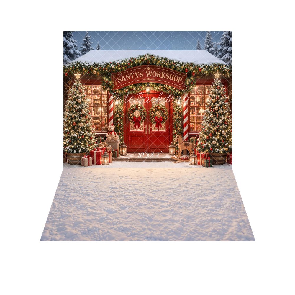 Kate Christmas Santa's Workshop Red Door Trees Presents Printed Backdrop+Snowy Ground Floor Printed Backdrop
