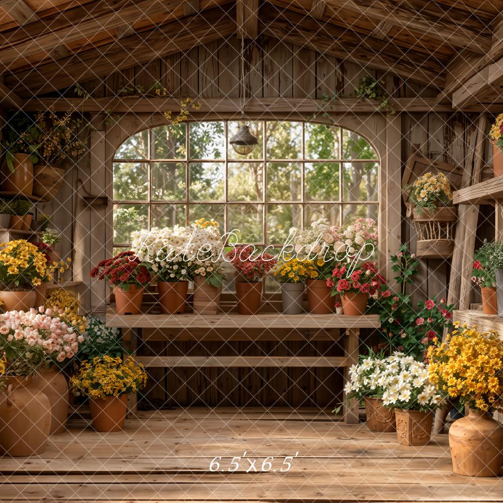 Kate Spring Rustic Wooden Greenhouse Flower Pots Backdrop Designed by Emetselch