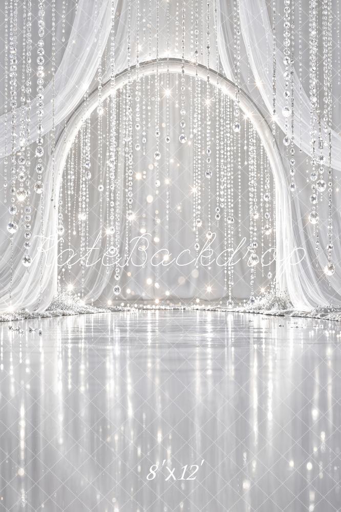 Kate Glamorous Crystal Bead Arch Silver Sheer Drapes Printed Backdrop Designed by Chain Photography