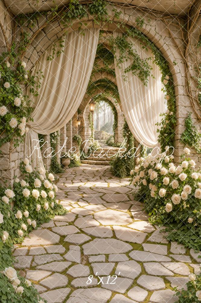 Kate Spring Stone Archway White Roses Cascading Stairs Printed Backdrop Designed by Emetselch