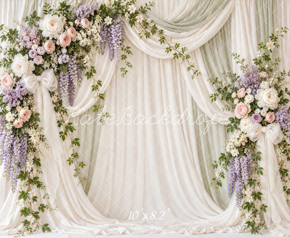 Kate Spring Floral Elegant White Drapes Bow Printed Backdrop Designed by Emetselch