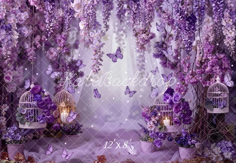 Kate Spring Purple Flower Arch Butterflies Birdcages Printed Backdrop Designed by Emetselch