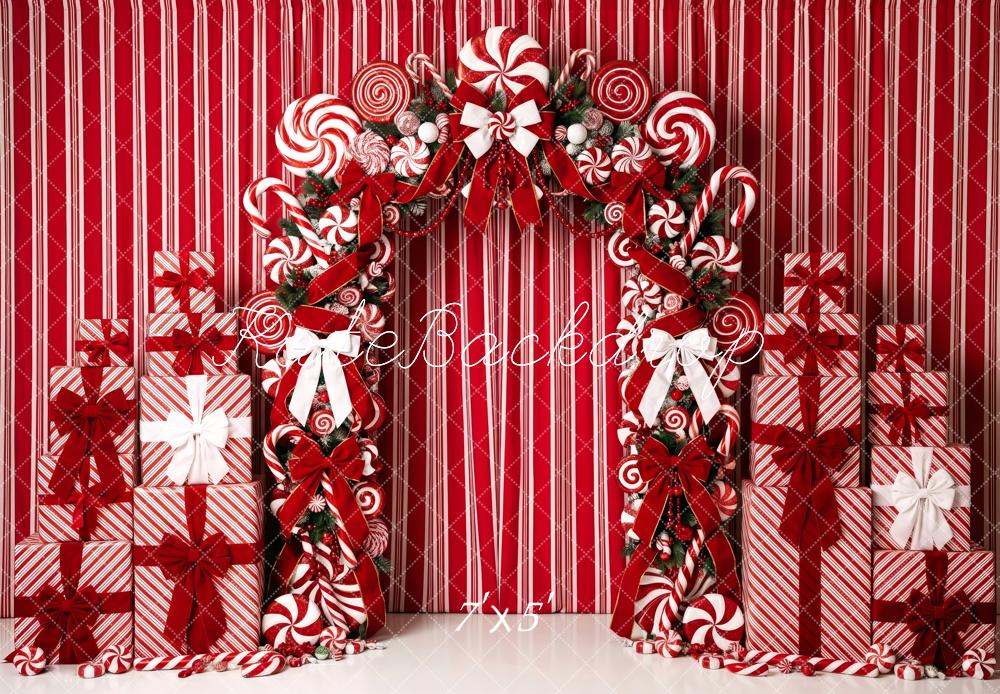 Kate Christmas Candy Cane Arch Gift Red Striped Printed Backdrop Designed by Patty Roberts