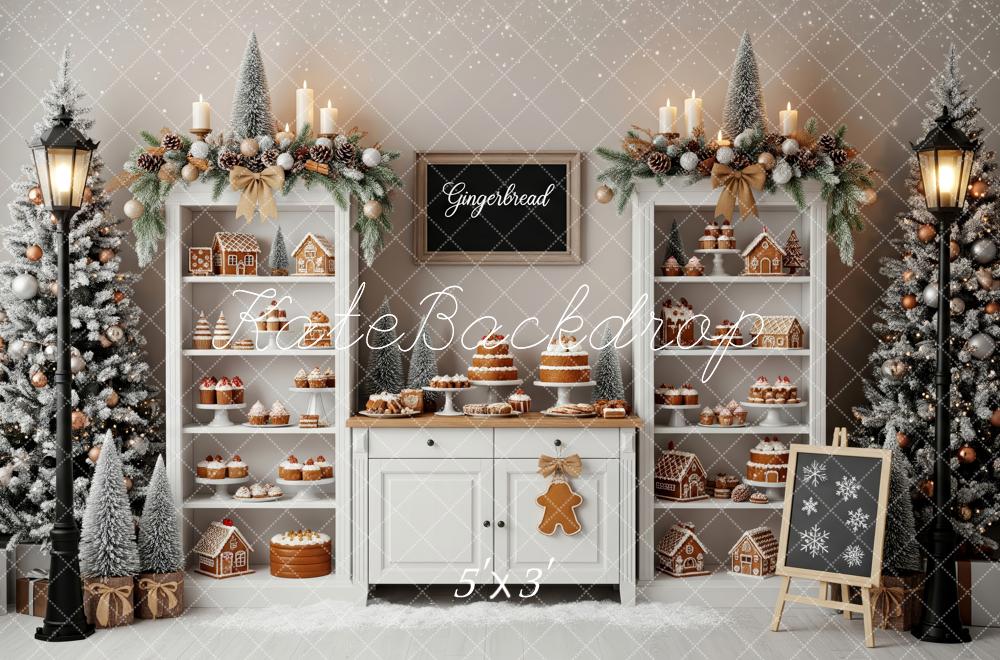 Kate Christmas Gingerbread Dessert Table White Shelves Snowy Trees Backdrop Designed by Patty Roberts