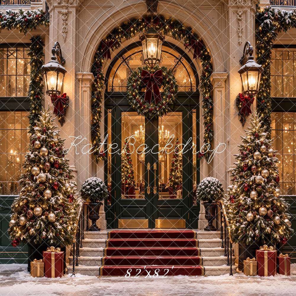 Kate Christmas City Snowy Grand Building Entrance Arch Wreaths Staircase Printed Backdrop Designed by Jordan Moon