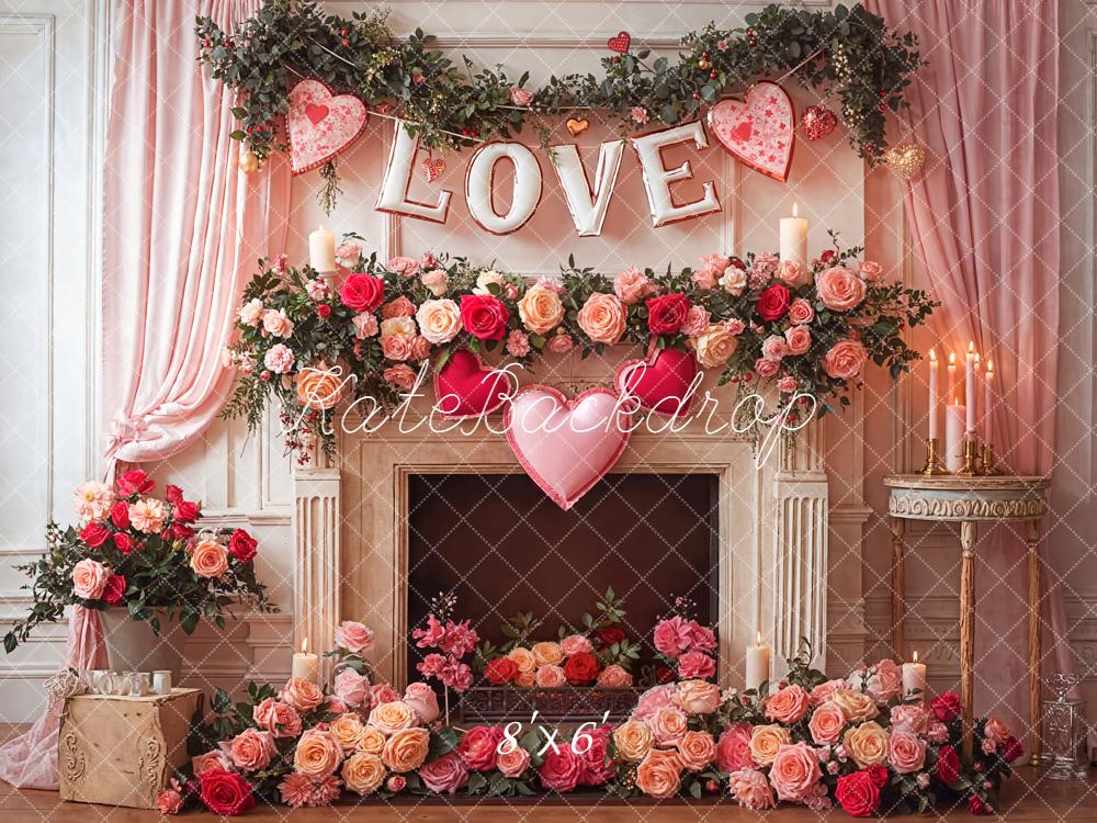 Kate Valentine's Day Pink Roses Hearts Fireplace Curtains Backdrop Designed by Emetselch