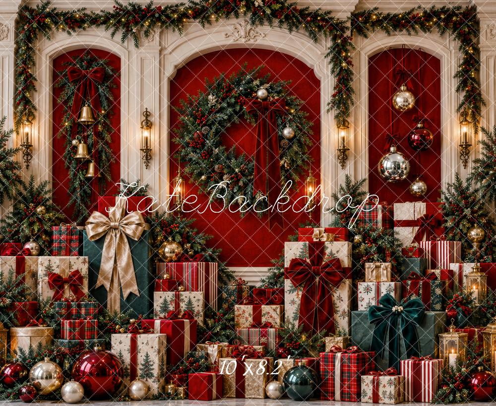 Kate Christmas Garland Wreath Gift Boxes Red Printed Backdrop Designed by Patty Roberts