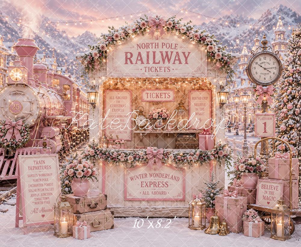 Kate Christmas Polar Train Tickets Pink Railway Snowy Printed Backdrop Designed by Ashley Paul