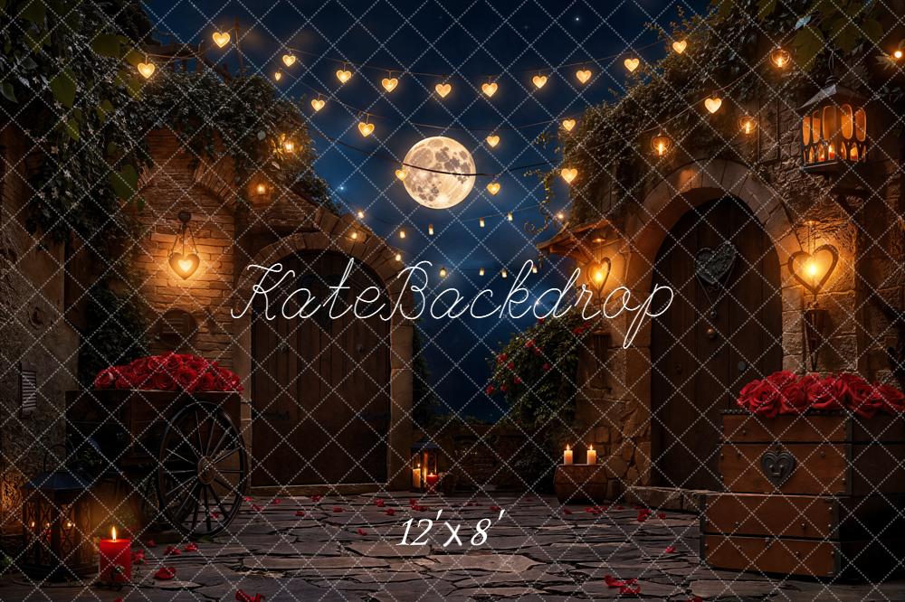 Kate Valentine Moonlit Courtyard Heart Lights Red Roses Backdrop Designed by Emetselch