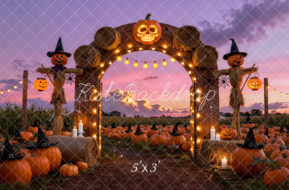 Kate Halloween Pumpkin Patch Arch Scarecrow Sunset Backdrop Designed by Emetselch