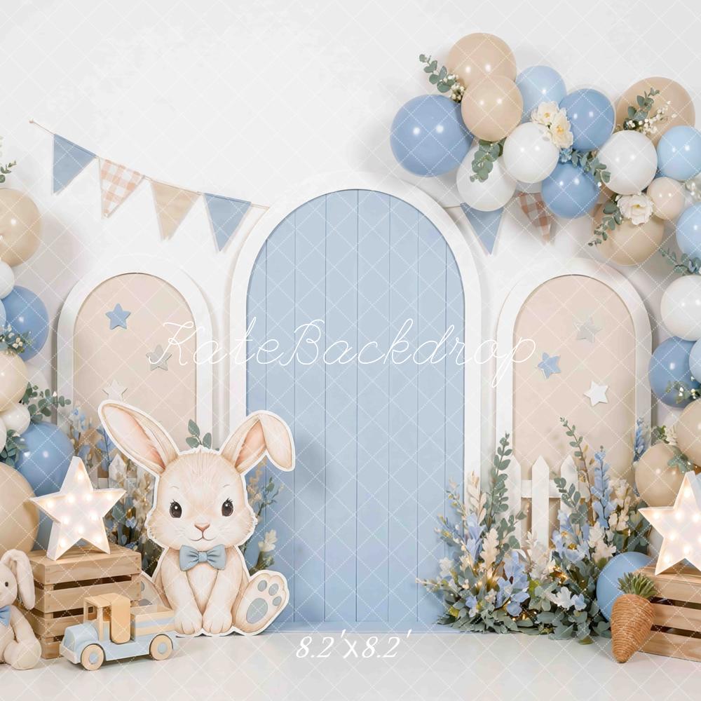 Kate Cake Smash Bunny Blue Beige Balloon Arch Printed Backdrop Designed by Mini MakeBelieve