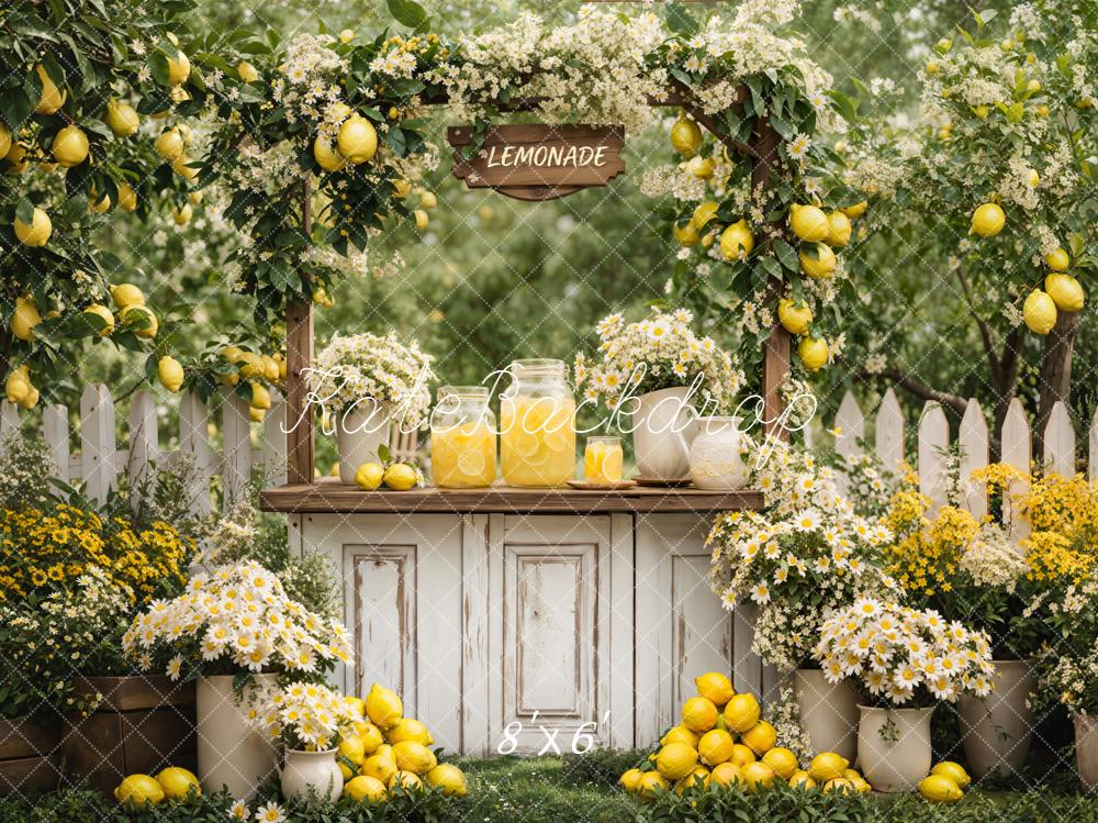 Kate Summer Lemonade Stand Lemons White Flowers Garden Printed Backdrop Designed by Emetselch