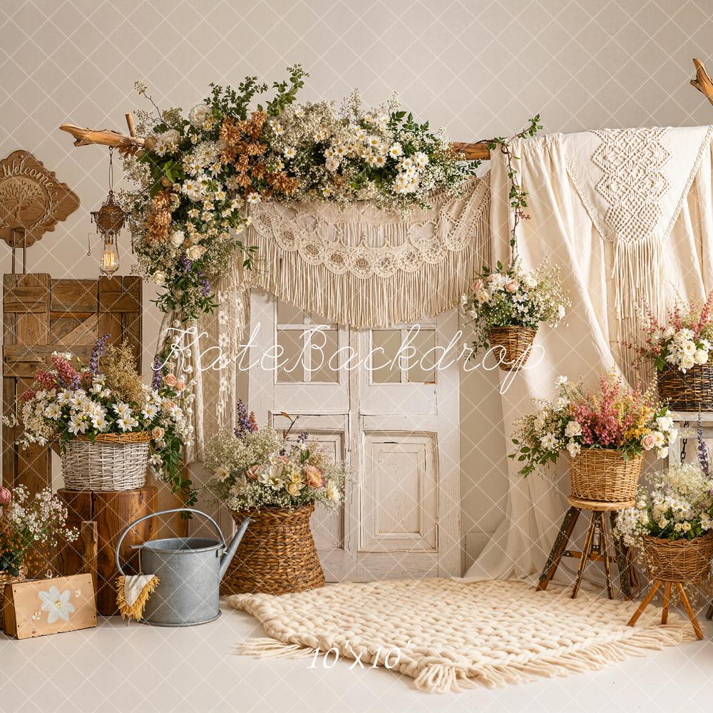 Kate Boho Flower Arch Macrame Wicker Baskets Neutral Printed Backdrop Designed by Emetselch
