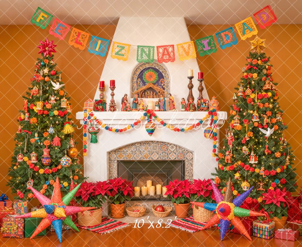 Kate Christmas Mexican Navidad Fireplace Trees Piñata Gifts Backdrop Designed by Emetselch
