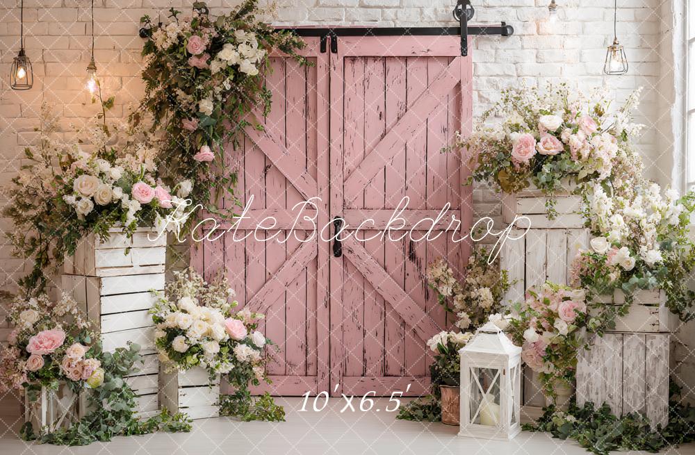 Kate Spring Pink Barn Door Flower Arch White Crates Lantern Backdrop Designed by Ashley Paul