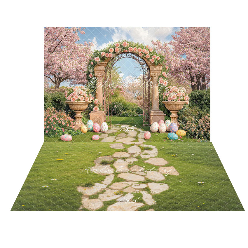 Kate Easter Flower Arch Pastel Eggs Garden Backdrop+Stone Pathway With Daisies On Green Grass Floor Backdrop