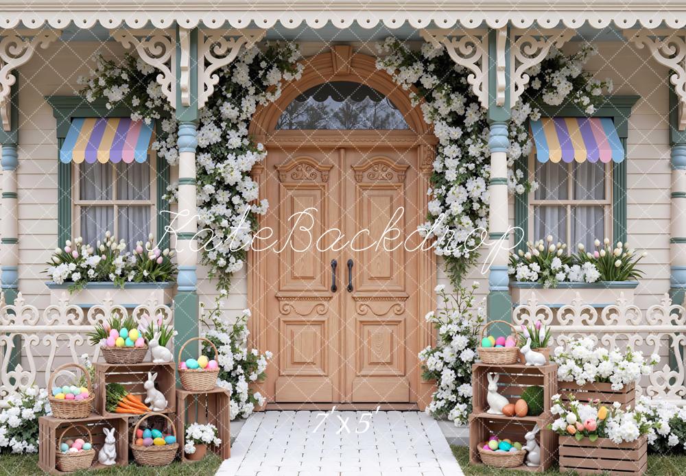 Kate Easter Bunny Eggs Floral Porch Printed Backdrop Designed by Mini MakeBelieve