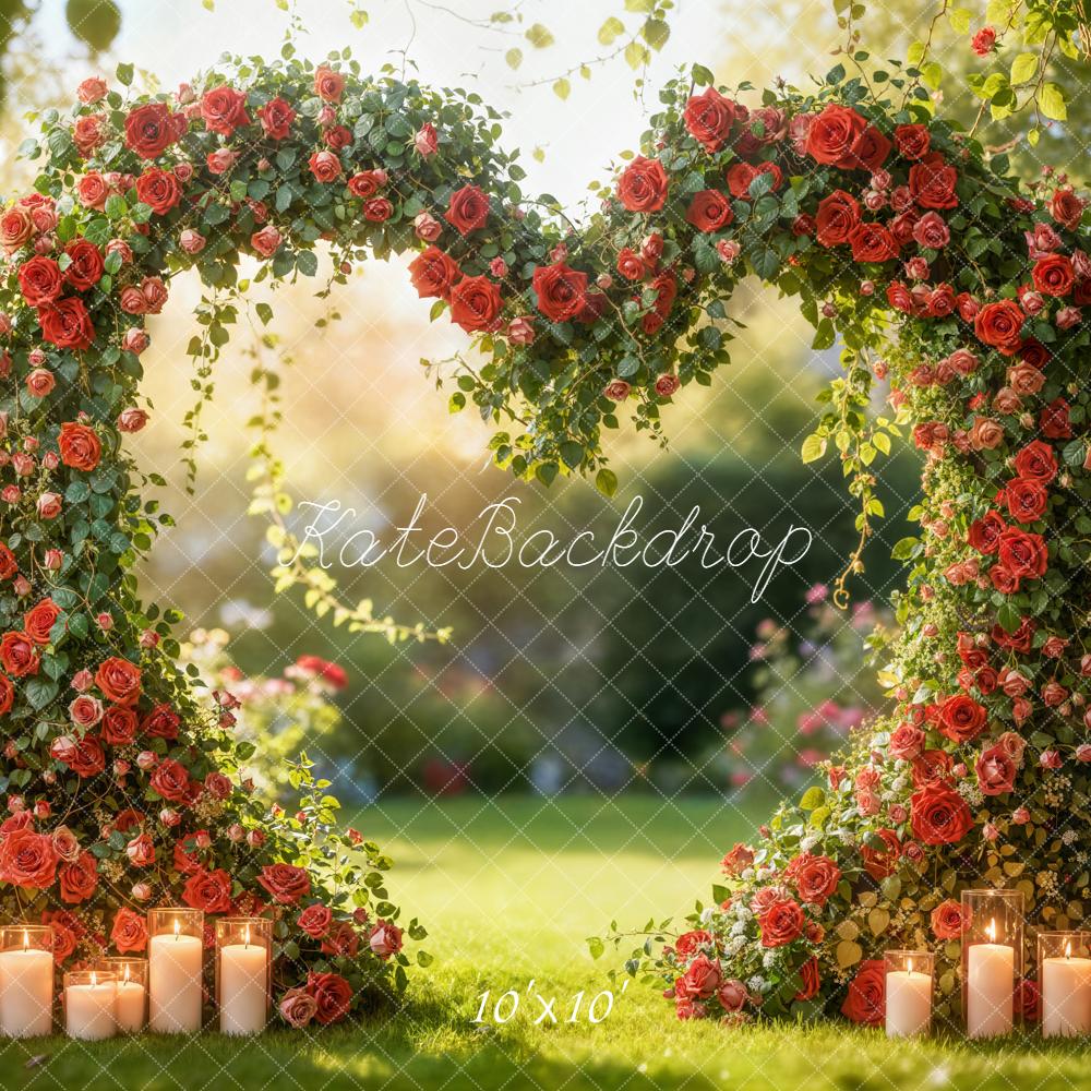 Kate Valentines Flower Arch Heart Shape Red Roses Candles Garden Backdrop Designed by Emetselch