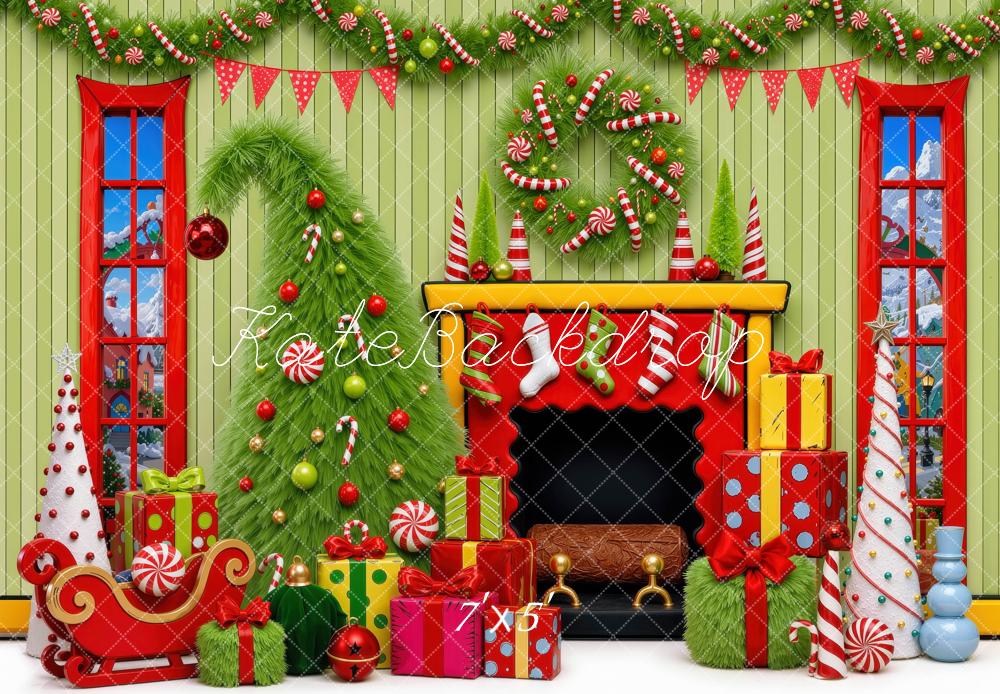 Kate Christmas Fireplace Tree Whoville Presents Candy Cane Printed Backdrop Designed by Mini MakeBelieve