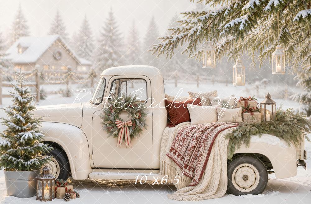 Kate Christmas Countryside Vintage White Truck Snowy Lanterns Blanket Printed Backdrop Designed by Emetselch