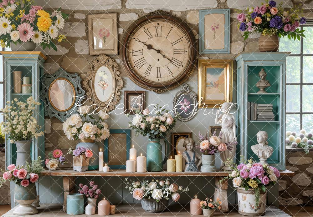 Kate Vintage Wall Clock Floral Cabinets Busts Candles Backdrop Designed by Mini MakeBelieve