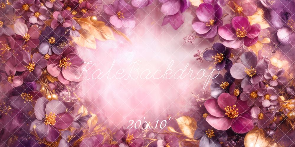 Kate Fine Art Purple Floral Gold Leaves Backdrop Designed by Emetselch