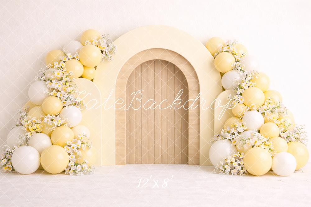 Kate Cake Smash Yellow Arch Balloon Flower Printed Backdrop Designed by Caitlin Lynch