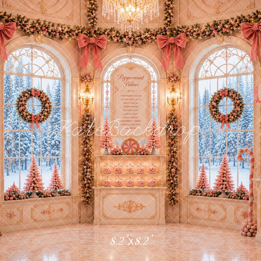Kate Christmas Pink Palace Peppermint Candy Shop Window Snowy Printed Backdrop Designed by Caitlin Lynch
