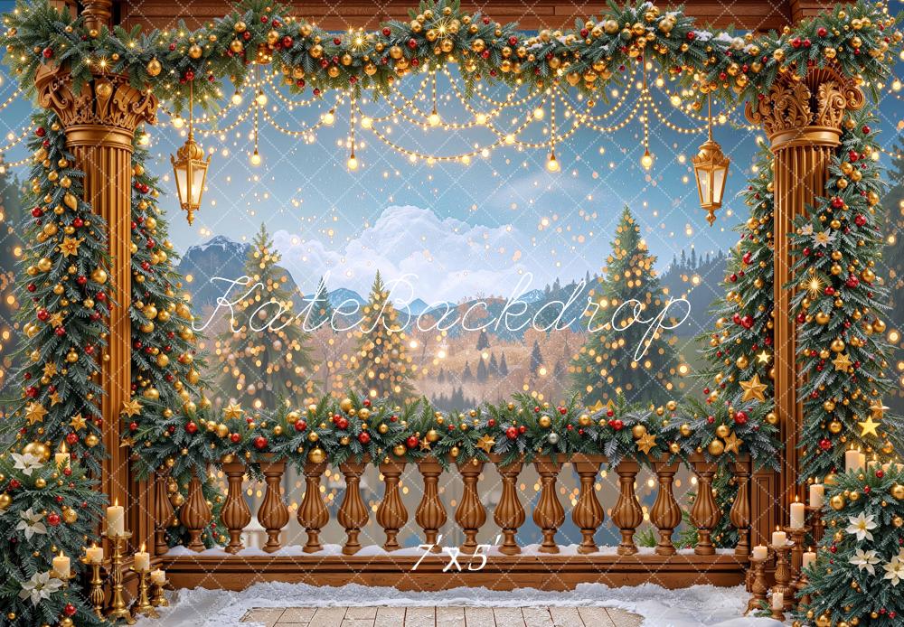 Kate Christmas Garland Columns Mountain Balcony String Lights Printed Backdrop Designed by Mini MakeBelieve
