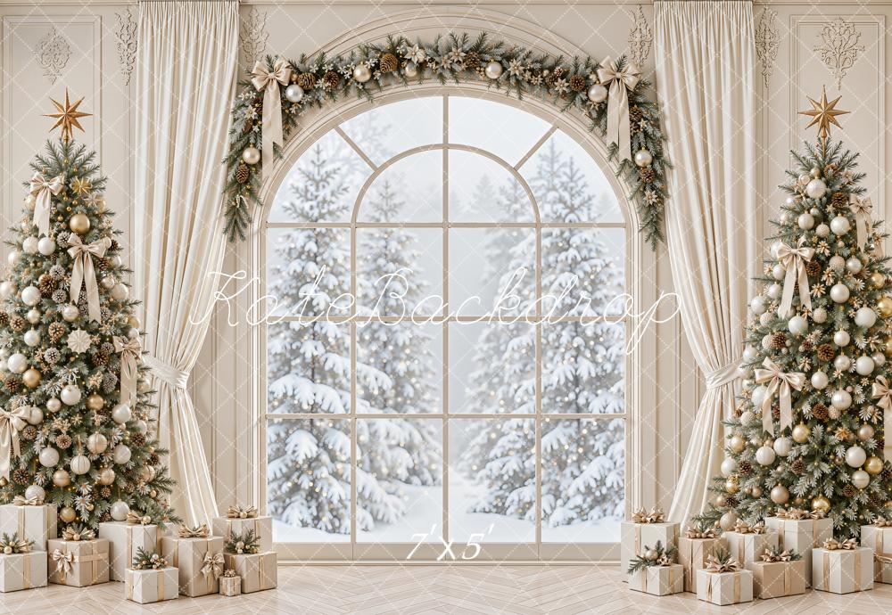Kate Christmas Window Trees And Gifts Printed Backdrop Designed by Emetselch
