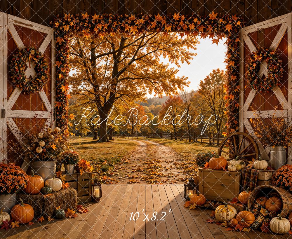 Kate Fall Barn Door Pumpkins Hay Bales Maple Leaves Printed Backdrop Designed by Emetselch