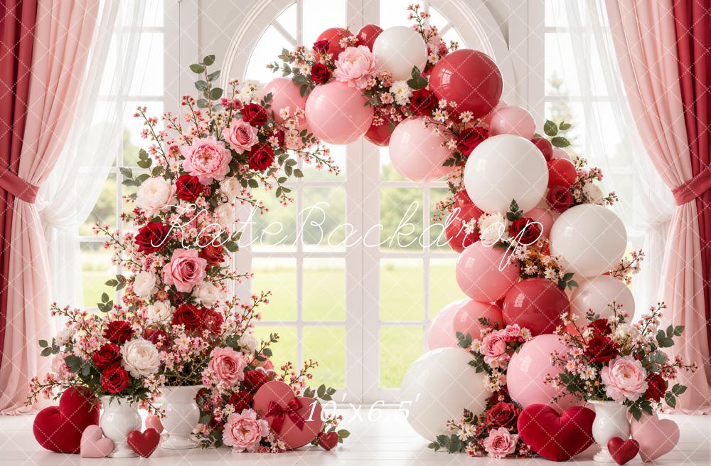 Kate Valentine's Day Floral Balloon Arch Window Curtains Roses Printed Backdrop Designed by Emetselch