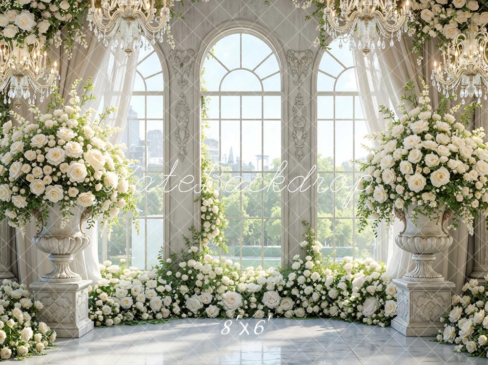 Kate White Flower Arch Elegant Window Chandelier Printed Backdrop Designed by Mini MakeBelieve