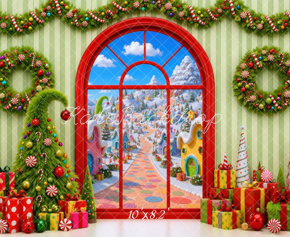 Kate Christmas Tree Whoville Village Window Garland Wreath Gifts Presents Printed Backdrop Designed by Mini MakeBelieve