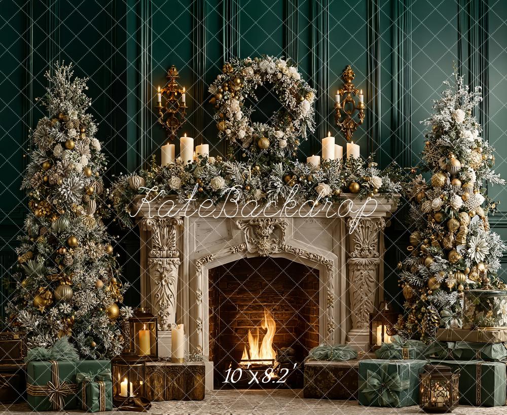 Kate Christmas Fireplace Vintage Wreath Trees Gifts Green Backdrop Designed by Emetselch