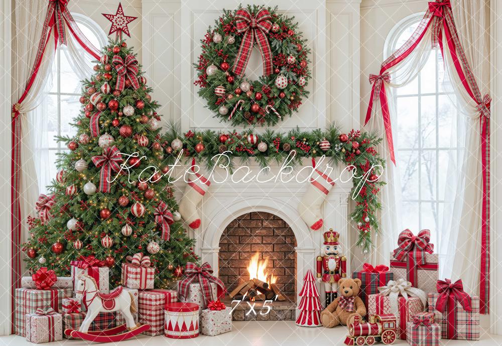 Kate Christmas Fireplace Tree Red Plaid Arched Window Wreath Printed Backdrop Designed by Mini MakeBelieve