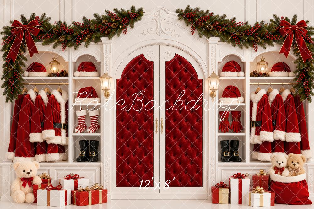 Kate Christmas Santa Closet Red Quilted Doors Coat Garland Printed Backdrop Designed by Emetselch