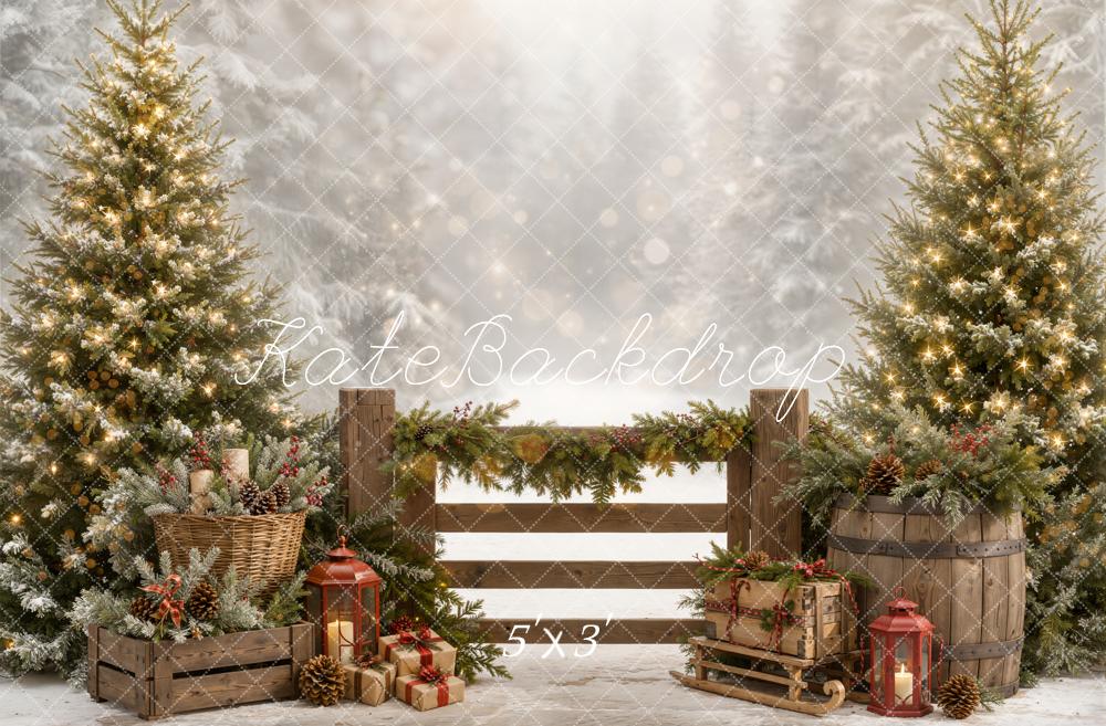 Kate Christmas Pine Trees Wooden Fence Garland Gifts Lantern Snow Printed Backdrop Designed by Emetselch