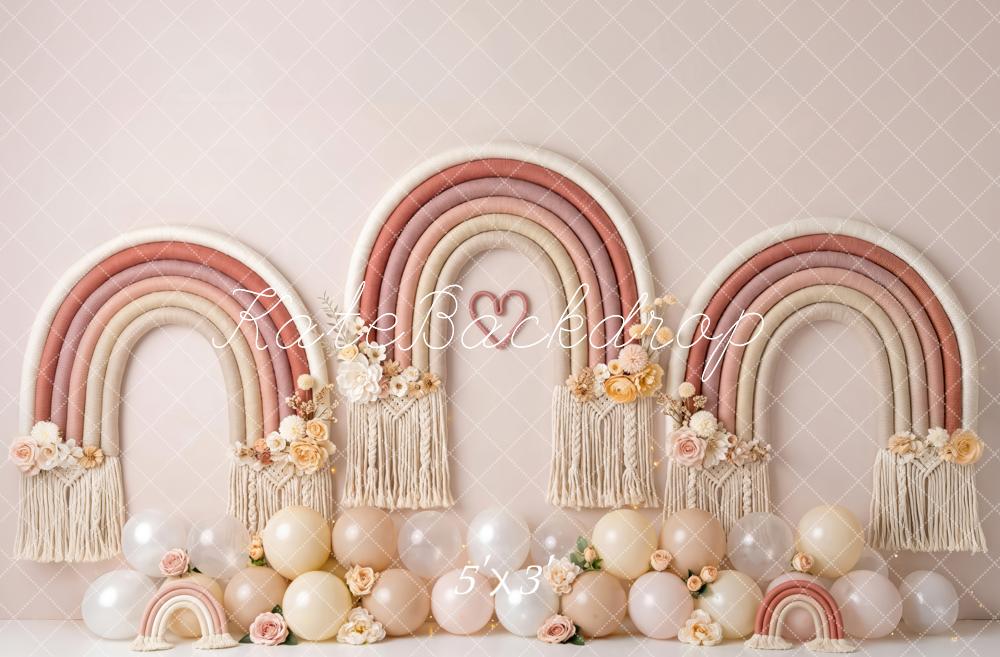 Kate Cake Smash Boho Blush Macrame Rainbow Balloons Printed Backdrop Designed by Patty Roberts