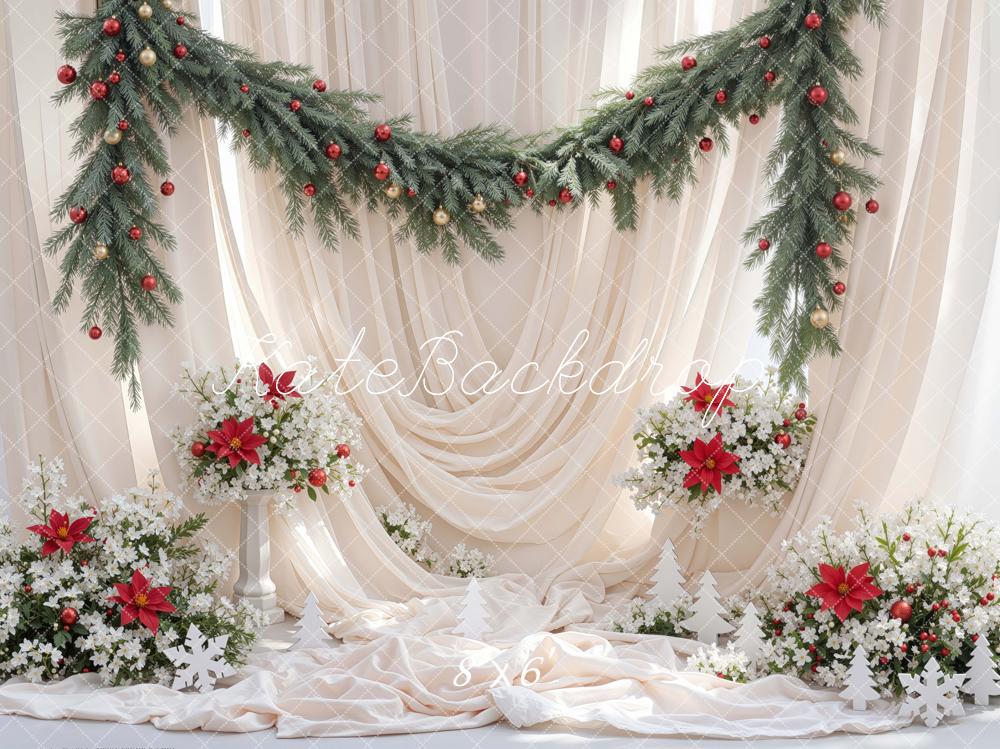 Kate Christmas White Drapes Pine Garland Poinsettia Flowers Printed Backdrop Designed by Mini MakeBelieve