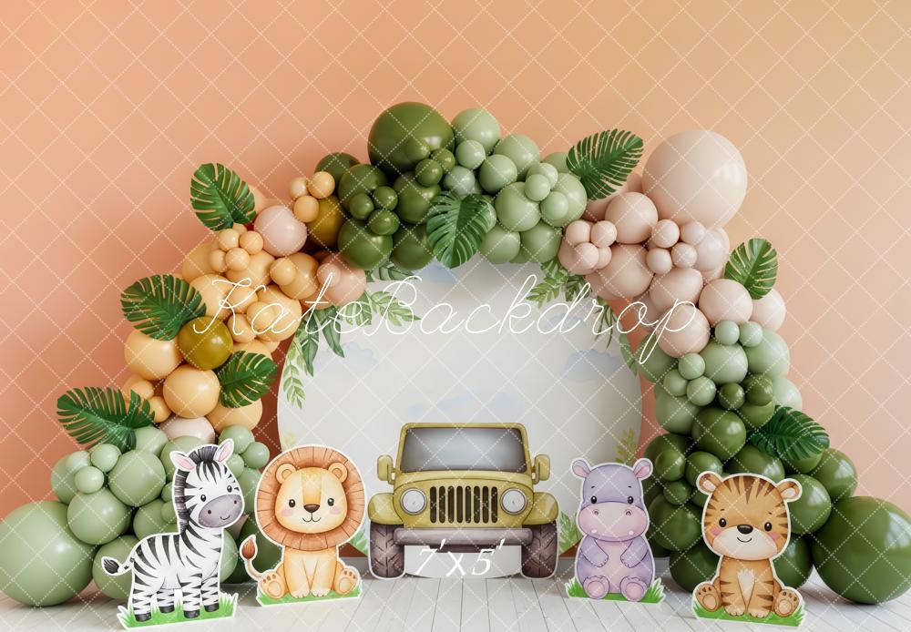 Kate Cake Smash Jungle Balloon Arch Jeep Safari Animals Printed Backdrop Designed by Patty Roberts