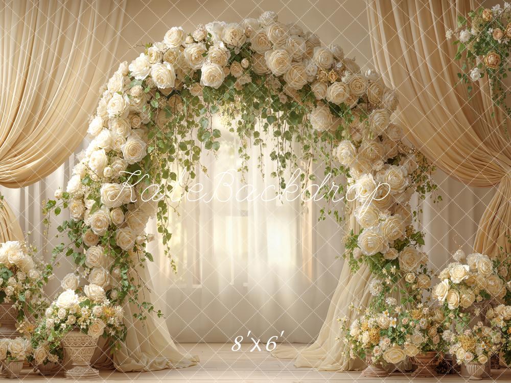 Kate Spring Flower Arch Cream Roses Drapes Printed Backdrop Designed by Emetselch