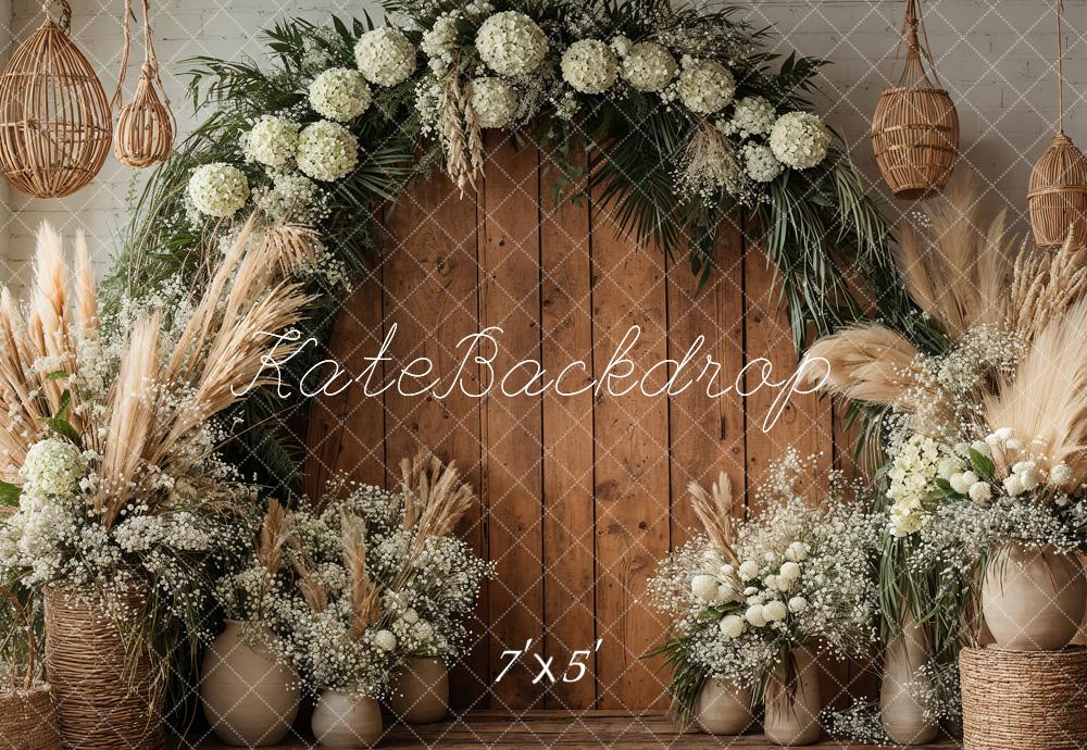 Kate Boho Pampes Flower Arch Wooden Door Backdrop Designed by Emetselch