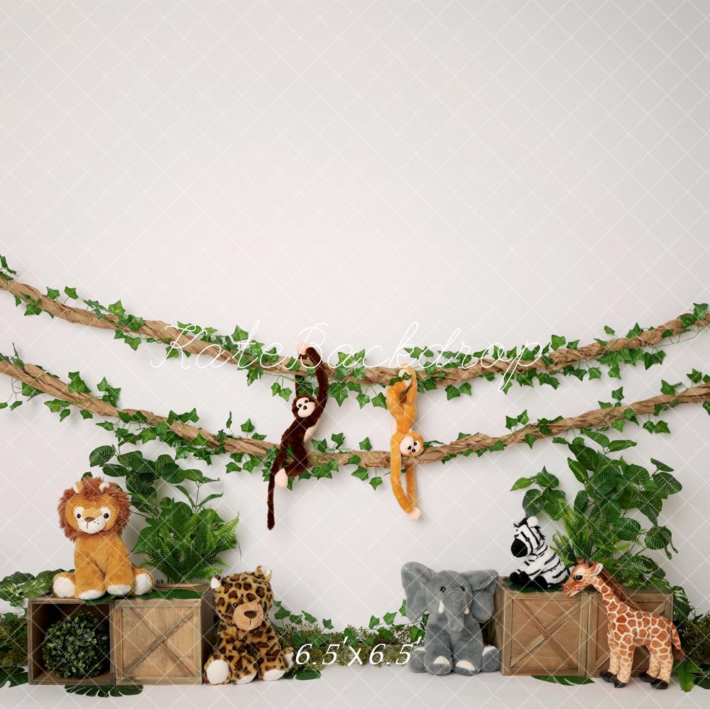 Kate Jungle Stuffed Animals Green Leaves Wooden Crates Backdrop Designed by Melissa King