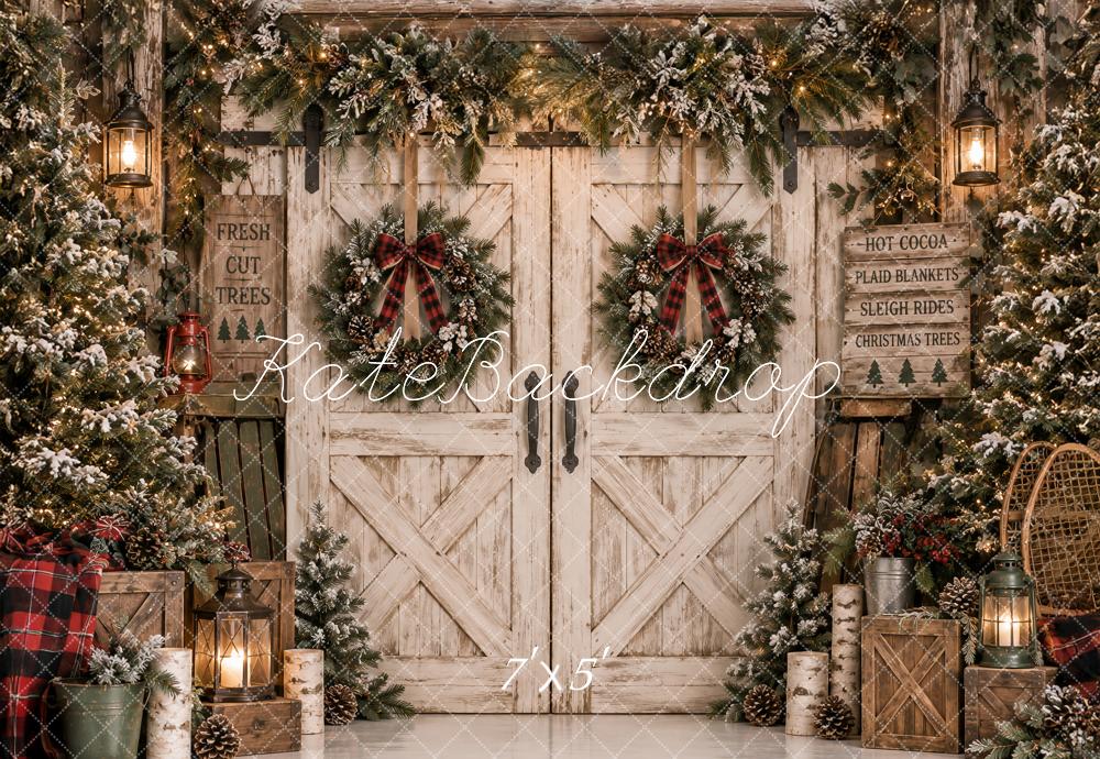 Kate Christmas Rustic Barn Doors Lodge Evergreen Wreaths Printed Backdrop Designed by Ashley Paul