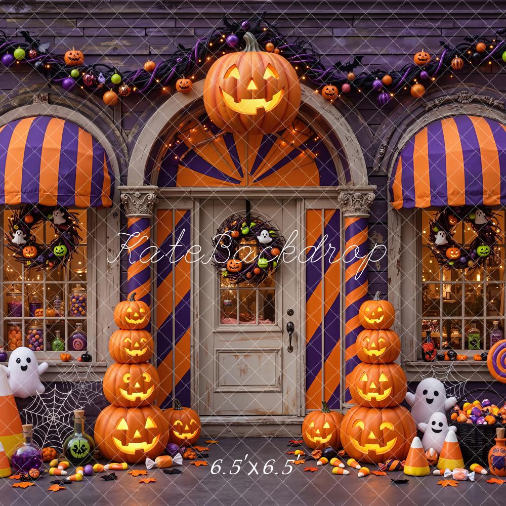 Kate Halloween Shop Pumpkins Porch Candy Trick Or Treat Printed Backdrop Designed by Emetselch
